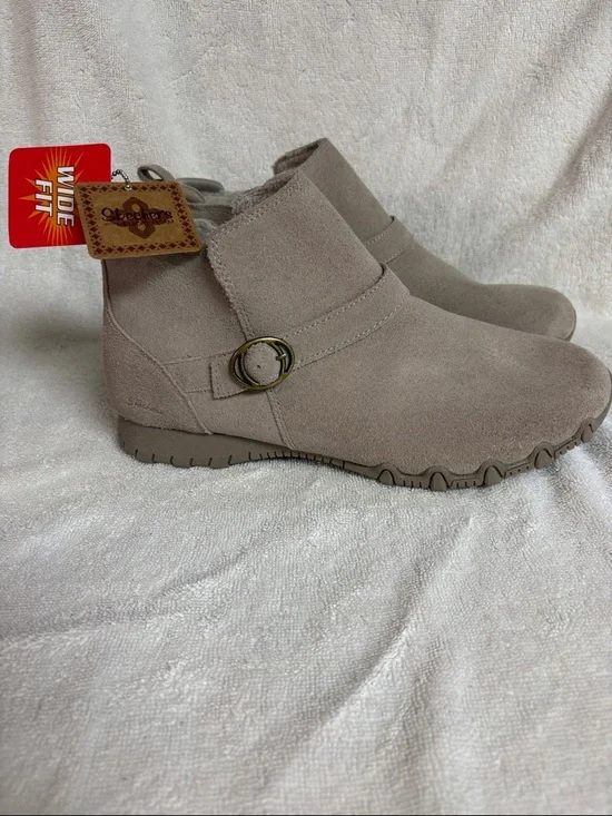 Skechers Taupe Suede Slip-On Ankle Boot with Buckle - Picture 1 of 12